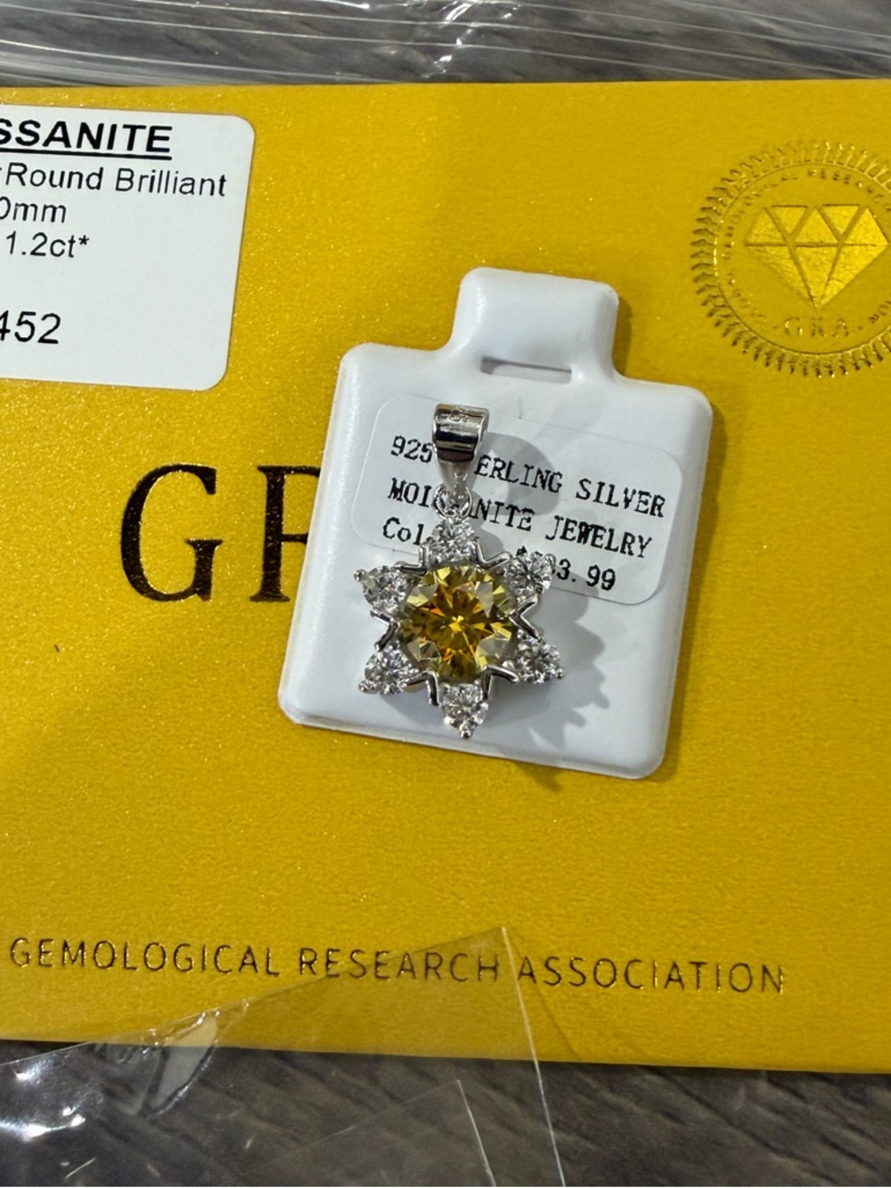 Yellow Moissanite GRA Certified Sterling Silver S925 Necklace Pendant 1.2 Carat